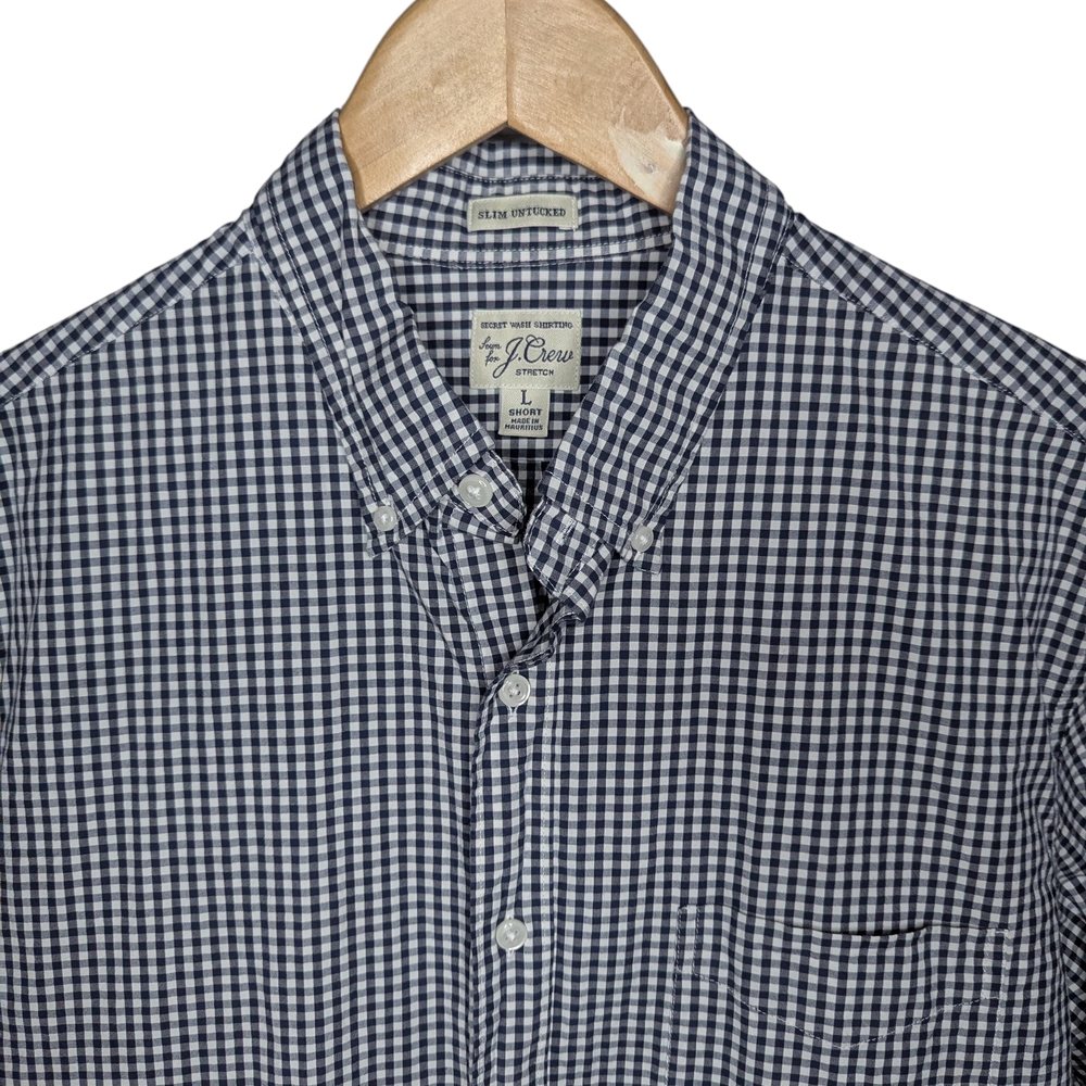 J.Crew Button Down Shirt Mens Large Short Navy Blue Gingham Slim Untucked Cotton - Picture 3 of 9